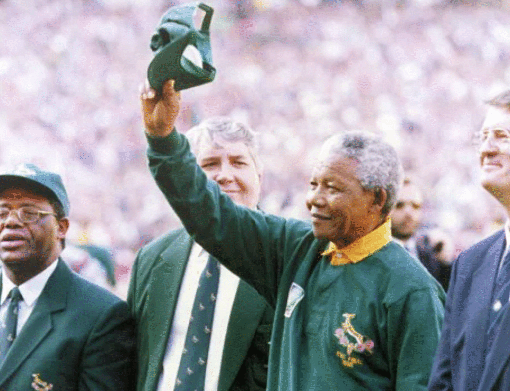 President Nelson Mandela wearing the Springbok rugby jersey at the 1995 Rugby World Cup final